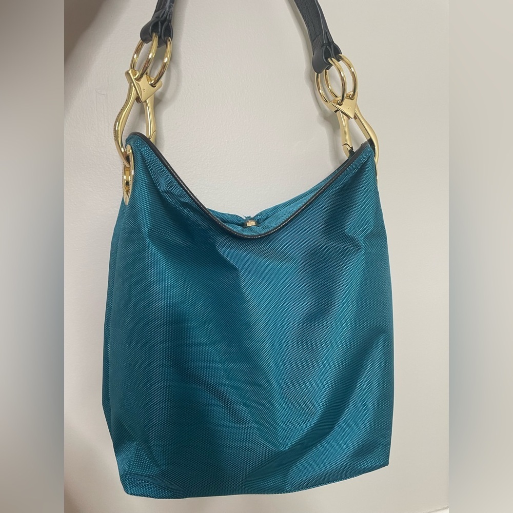 JPK Paris 75 aquamarine or blue nylon hobo bucket shoulder bag with gold-tone - Picture 1 of 8